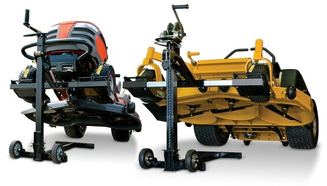 Use a mower lift jack with the correct weight lifting capacity for your riding lawn mower maintenance